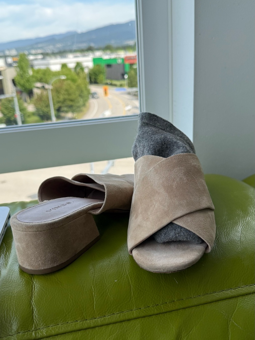 Vince Taupe Suede Crisscross Mule Sandals